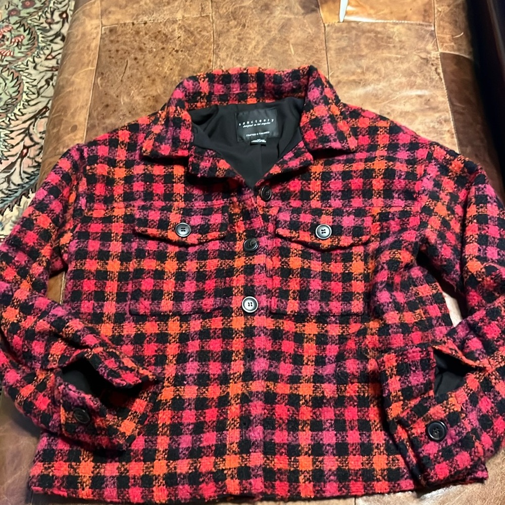 Santuary shacket pink orange black plaid